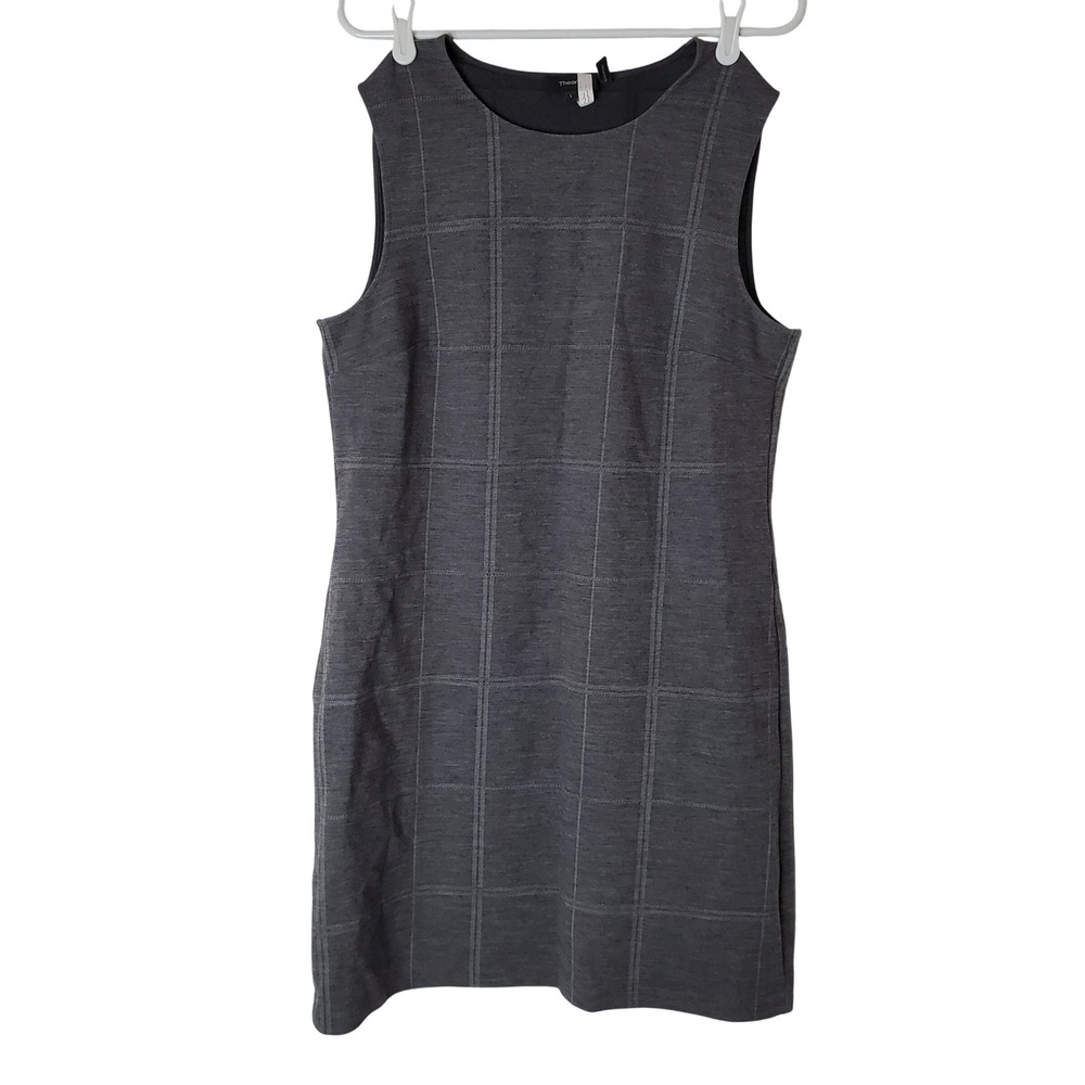 Theory Gray Plaid Sheath Dress Size L Easy Shift Wool Blend‎ Knit Work Office